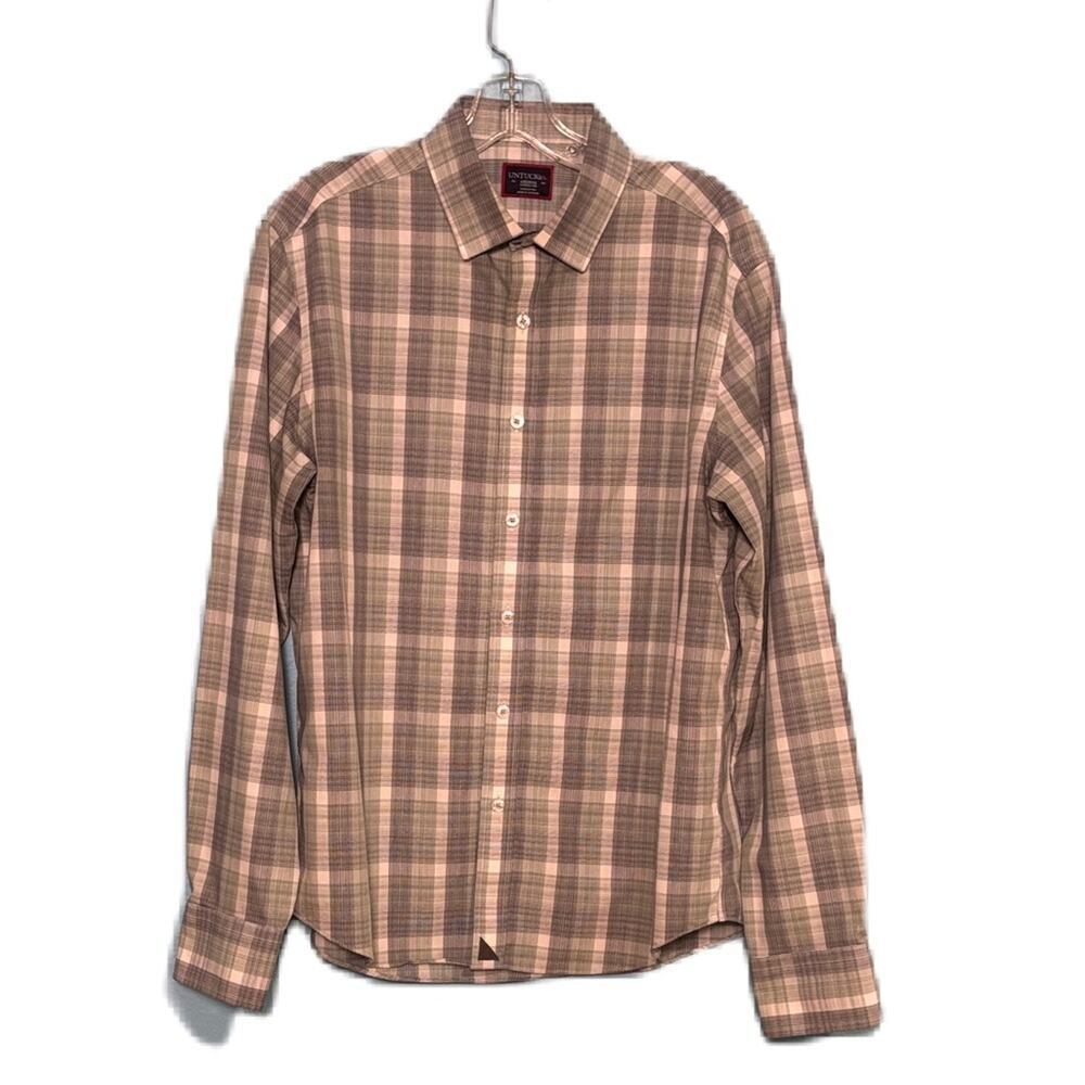 UNTUCKit Men's Casual Plaid Shirt Gray and Cream Long Sleeve Size M